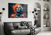 Feelings glass wall art styled above a sideboard in a hotel-style lounge