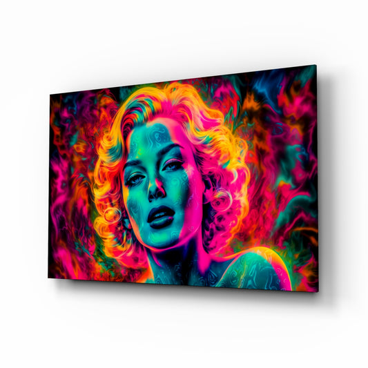 Girl in Fire glass wall art displayed above a vanity in a dressing room