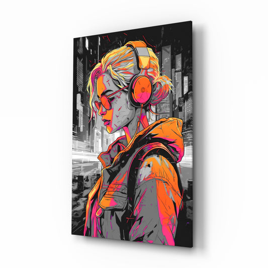 Music Girl glass wall art displayed above a desk in a teen room
