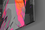 Music-muse artwork anchoring a wall with tangerine-and-graphite palette