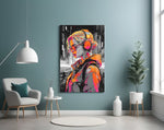 Music Girl glass wall art styled above a sideboard in a creative office