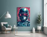 Mission glass wall art styled above a sideboard in a media room