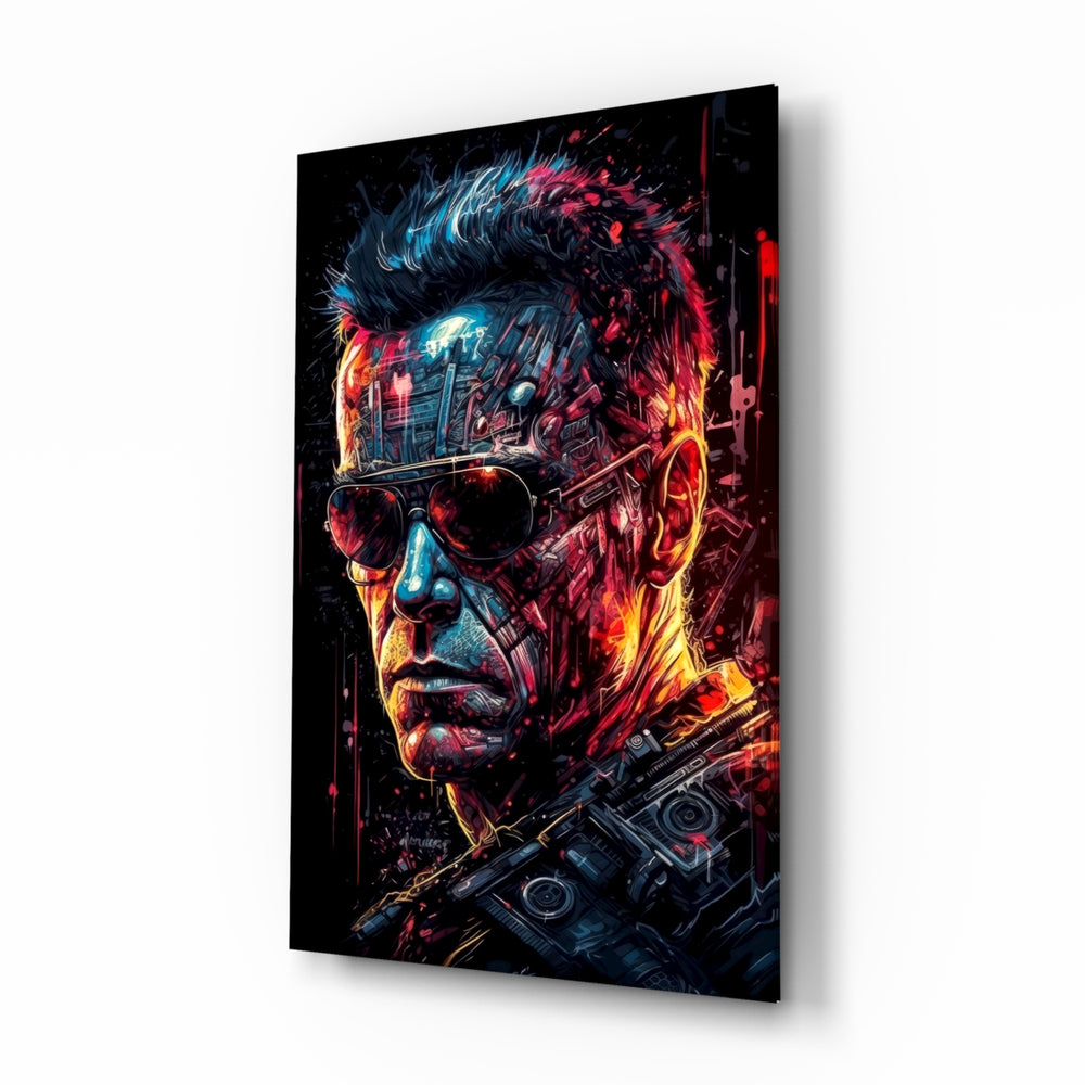 Mechanic Face glass wall art displayed above a leather sofa in a man cave