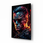 Mechanic Face glass wall art displayed above a leather sofa in a man cave