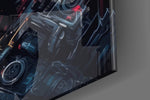 Cyborg-muse artwork anchoring a wall with scarlet-and-cyan palette