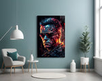 Mechanic Face glass wall art styled above a sideboard in a media room