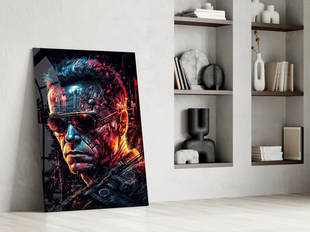 Mechanic Face glass print enhancing a den with statement firepower
