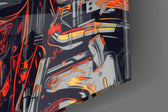Robot-menace artwork anchoring a wall with chrome-and-scarlet palette