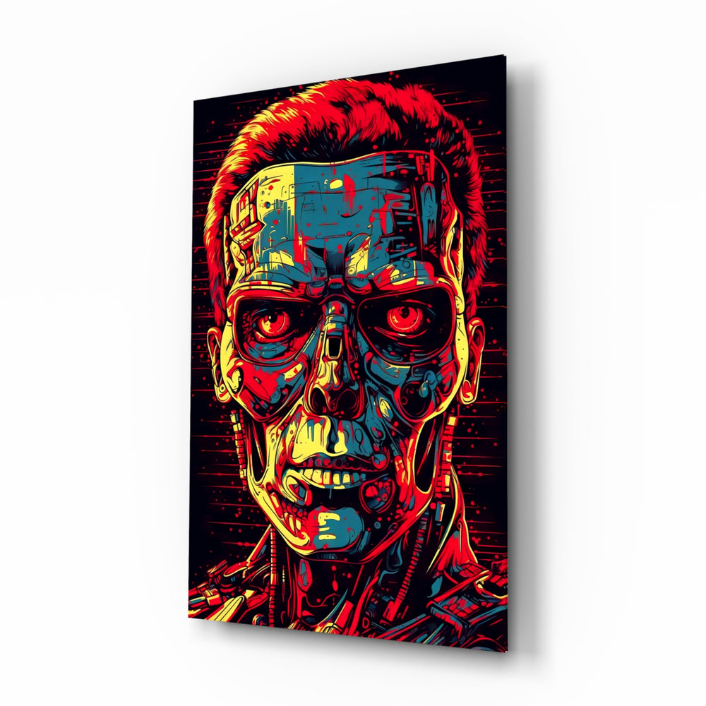 Mechanic Face glass wall art displayed above a leather sofa in a man cave