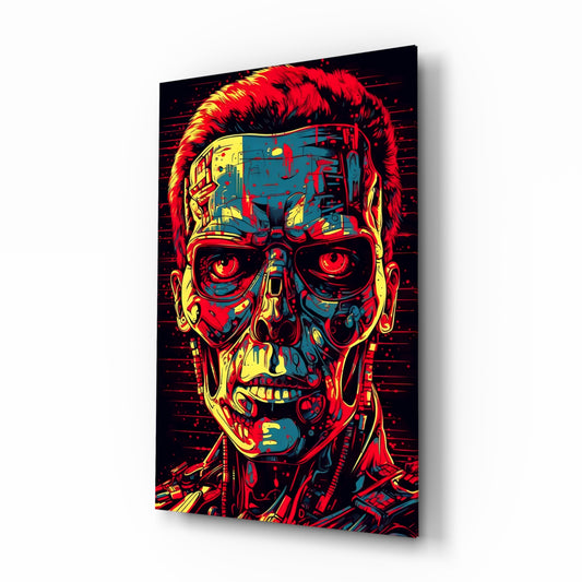 Mechanic Face glass wall art displayed above a leather sofa in a man cave