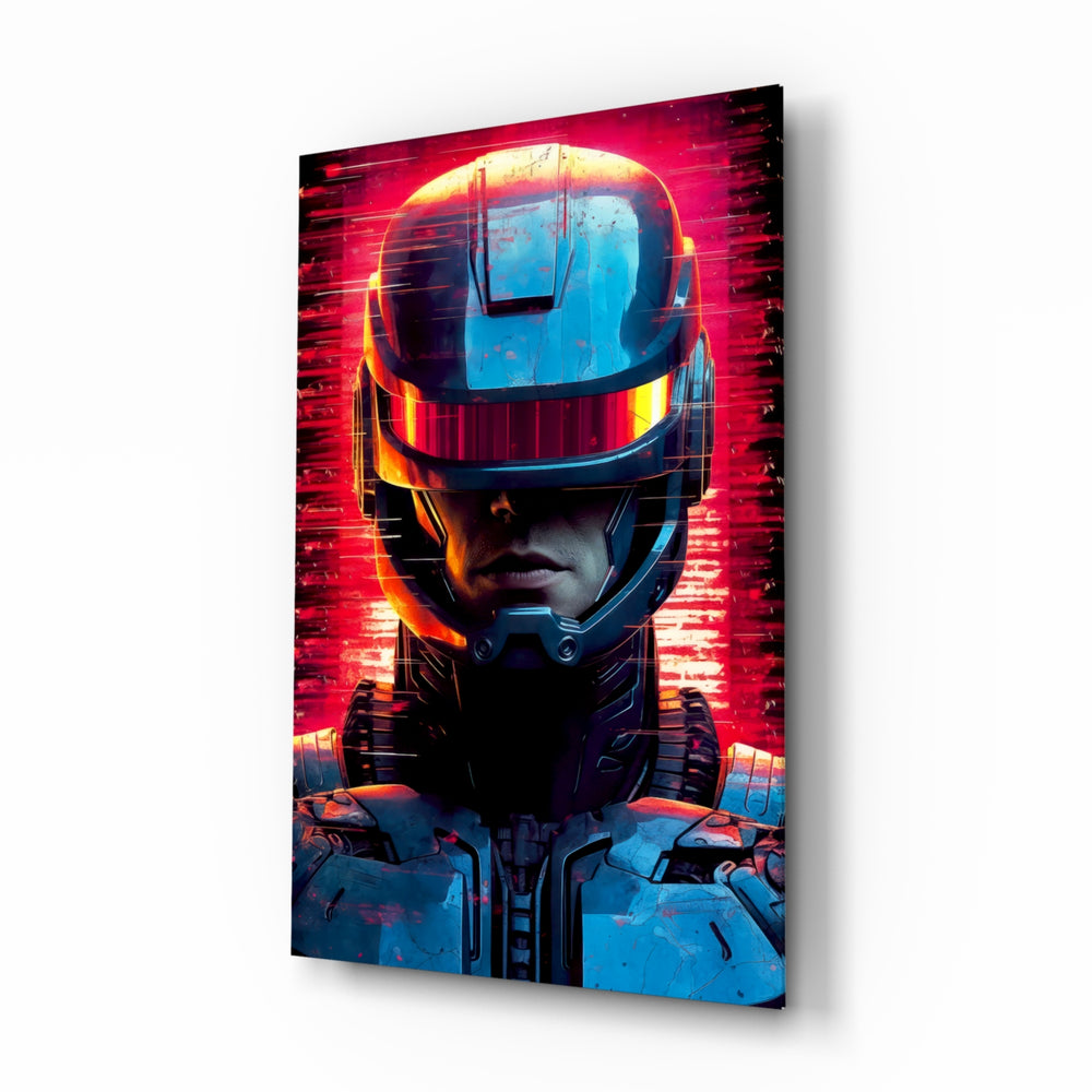 RoboCop glass wall art displayed above a leather sofa in a man cave