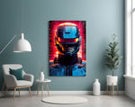 RoboCop glass wall art styled above a sideboard in a media room