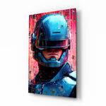 Robocop glass wall art displayed above a leather sofa in a man cave