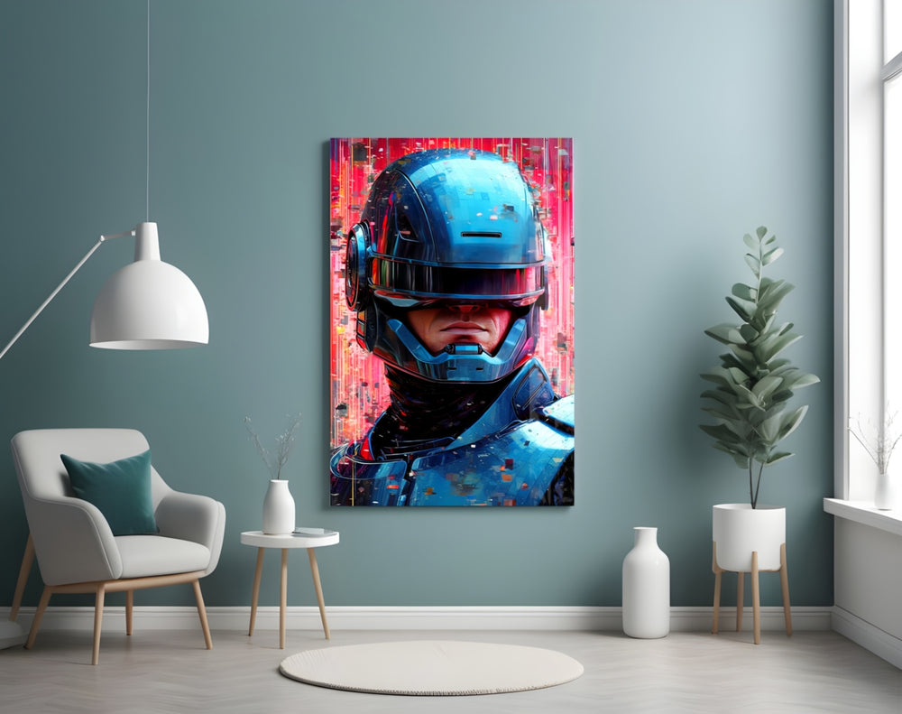Robocop glass wall art styled above a sideboard in a media room