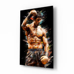 Fighter glass wall art displayed above a leather sofa in a man cave
