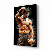 Fighter glass wall art displayed above a leather sofa in a man cave