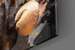 Fighter-tribute artwork anchoring a wall with gold-and-spectrum palette