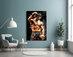 Fighter glass wall art styled above a sideboard in a media room