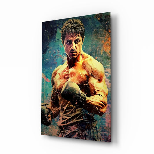 Fighter glass wall art displayed above a leather sofa in a man cave