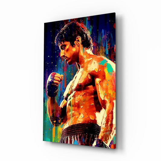 Fighter glass wall art displayed above a leather sofa in a man cave