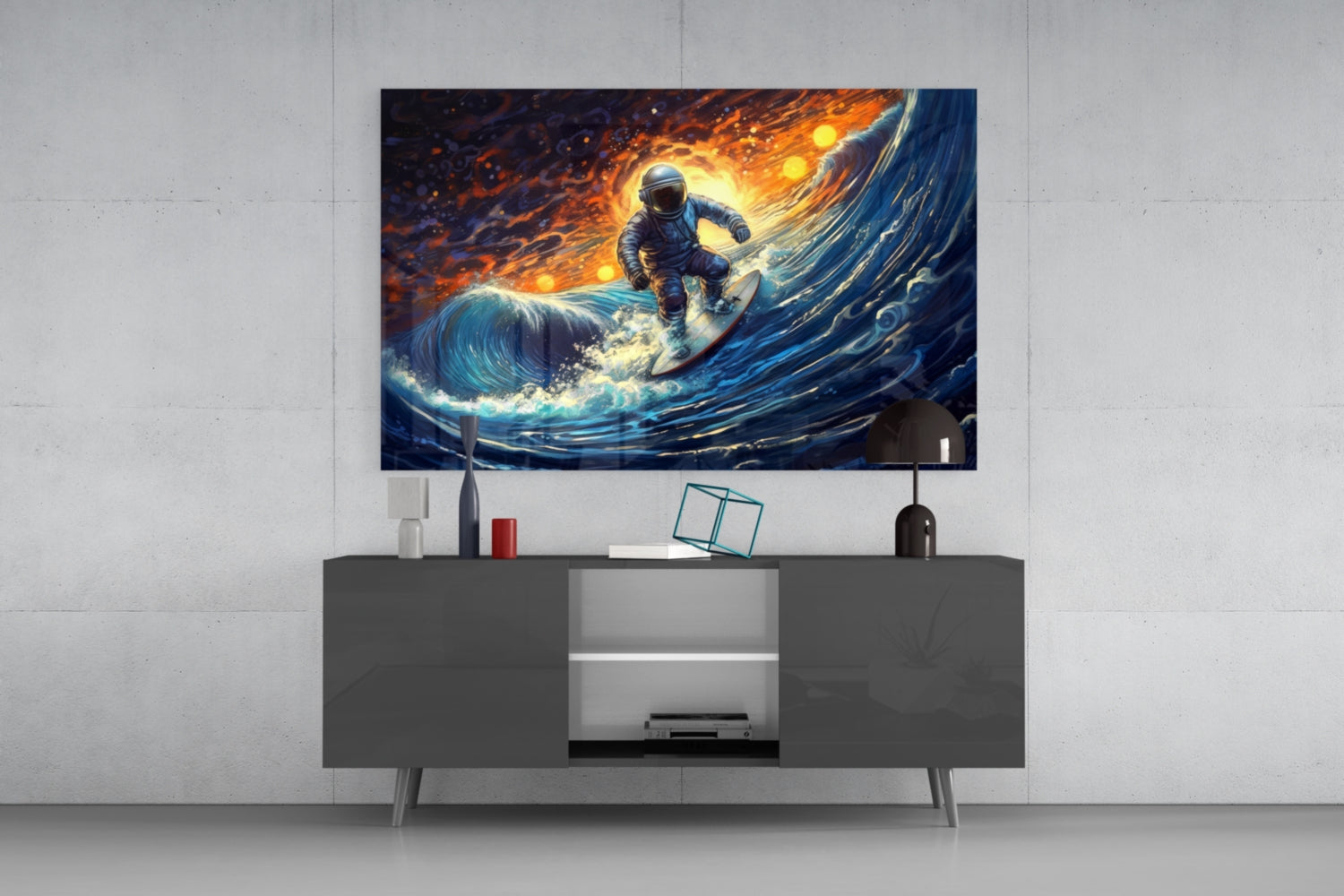 Surfing in Space Glass Wall Art || Designer Collection.