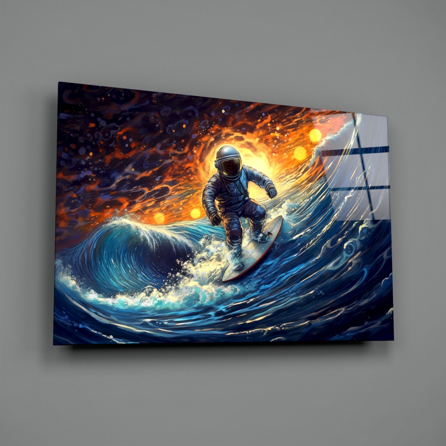Surfing in Space Glass Wall Art || Designer Collection.