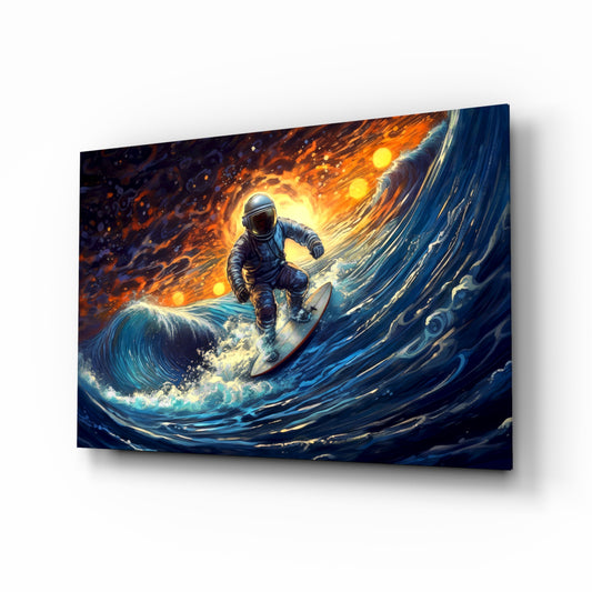 Surfing in Space glass wall art displayed above a desk in a teen room