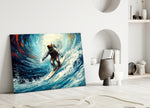 Surfing glass wall art styled above a console in a teen den