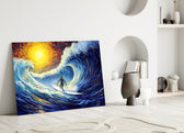 Waves glass wall art styled above a console in a media room