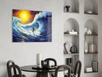 Waves glass print enhancing a den with golden-hour heat