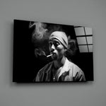 Tupac close-up showing bandana and cigarette smoke in monochrome