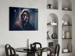 Tupac glass print enhancing a den with hip-hop firepower