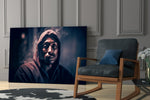 Hip-hop-icon artwork anchoring a wall with copper-and-navy palette