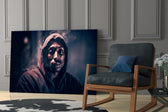 Hip-hop-icon artwork anchoring a wall with copper-and-navy palette