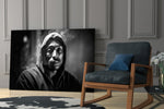 Hip-hop-icon artwork anchoring a wall with black-and-white palette