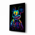 Neon Mouse glass wall art displayed above a console in a teen den