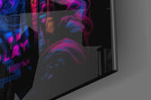 Cyberpunk-cartoon artwork anchoring a wall with magenta-and-cyan palette