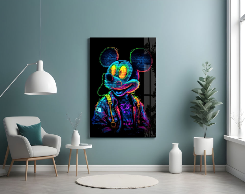 Neon Mouse glass wall art styled above a sideboard in a media room