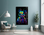 Neon Mouse glass wall art styled above a sideboard in a media room