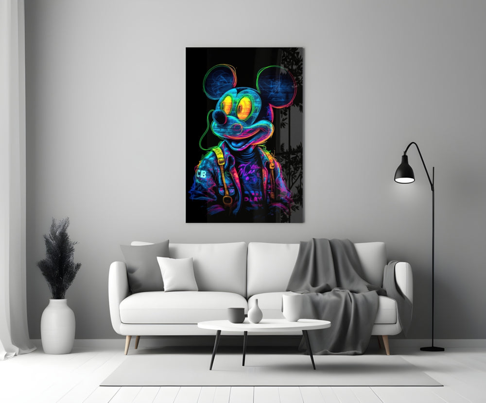 Neon Mouse close-up showing magenta-cyan outline and orange suspenders