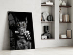 Dark-guard artwork anchoring a wall with chrome-and-charcoal palette