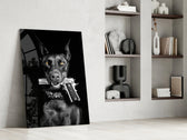 Dark-guard artwork anchoring a wall with chrome-and-charcoal palette