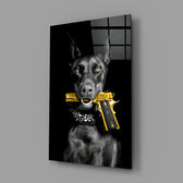 Gun Dog close-up showing golden eyes and crossed gold pistols