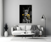 Gun Dog glass wall art styled above a console in a study