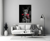 Gun Dog glass wall art styled above a console in a study