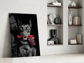 Dark-guard artwork anchoring a wall with scarlet-and-charcoal palette