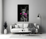 Gun Dog glass wall art styled above a console in a study