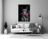 Gun Dog glass wall art styled above a console in a study