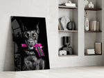 Dark-guard artwork anchoring a wall with magenta-and-charcoal palette