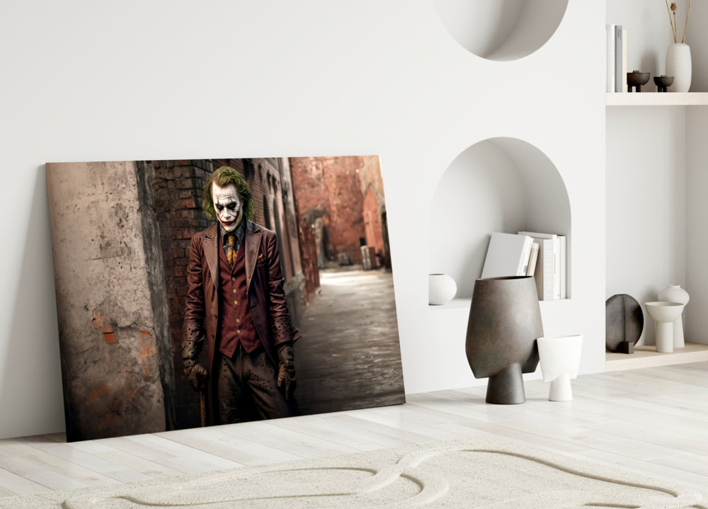 Joker glass wall art styled above a console in a media room